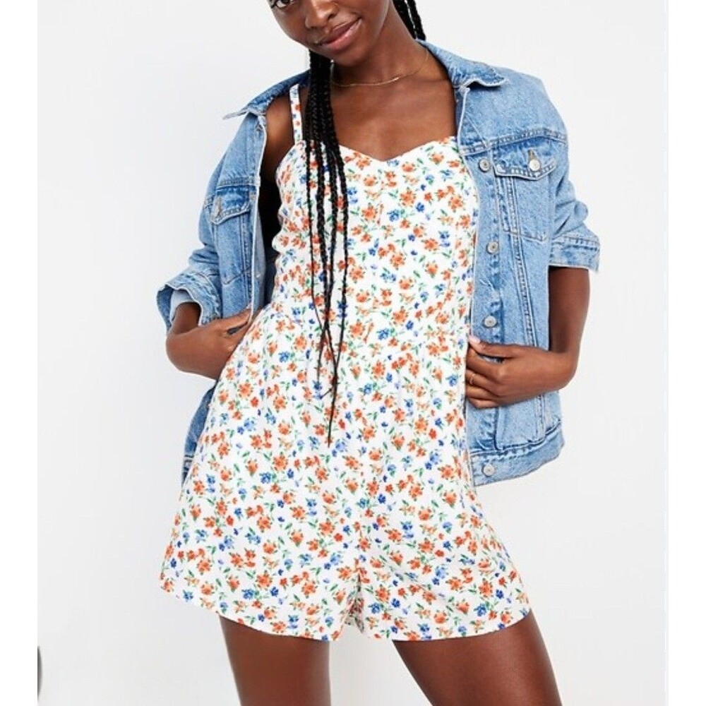 Old Navy Fit & Flare Cami Romper Floral Linen Blend Multicolor Women's XXL